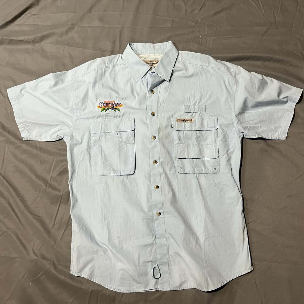 Hook & Tackle Frenchy's Outpost Hi-Tech Fishing Gear Blue Short Sleeve Button-Up